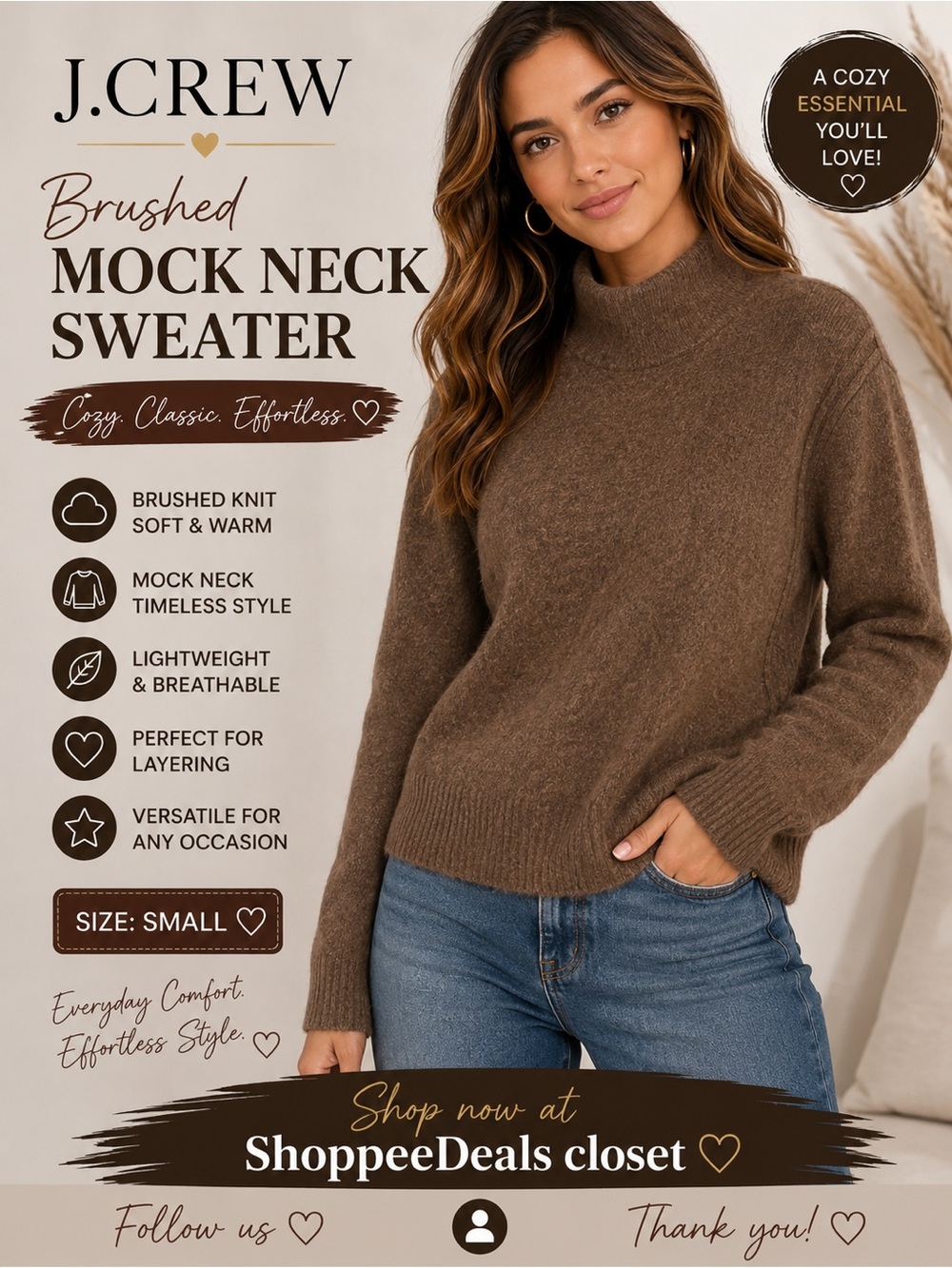 J.Crew Brushed Mock Neck Sweater Women’s Small Brown Cozy Knit Style J6366